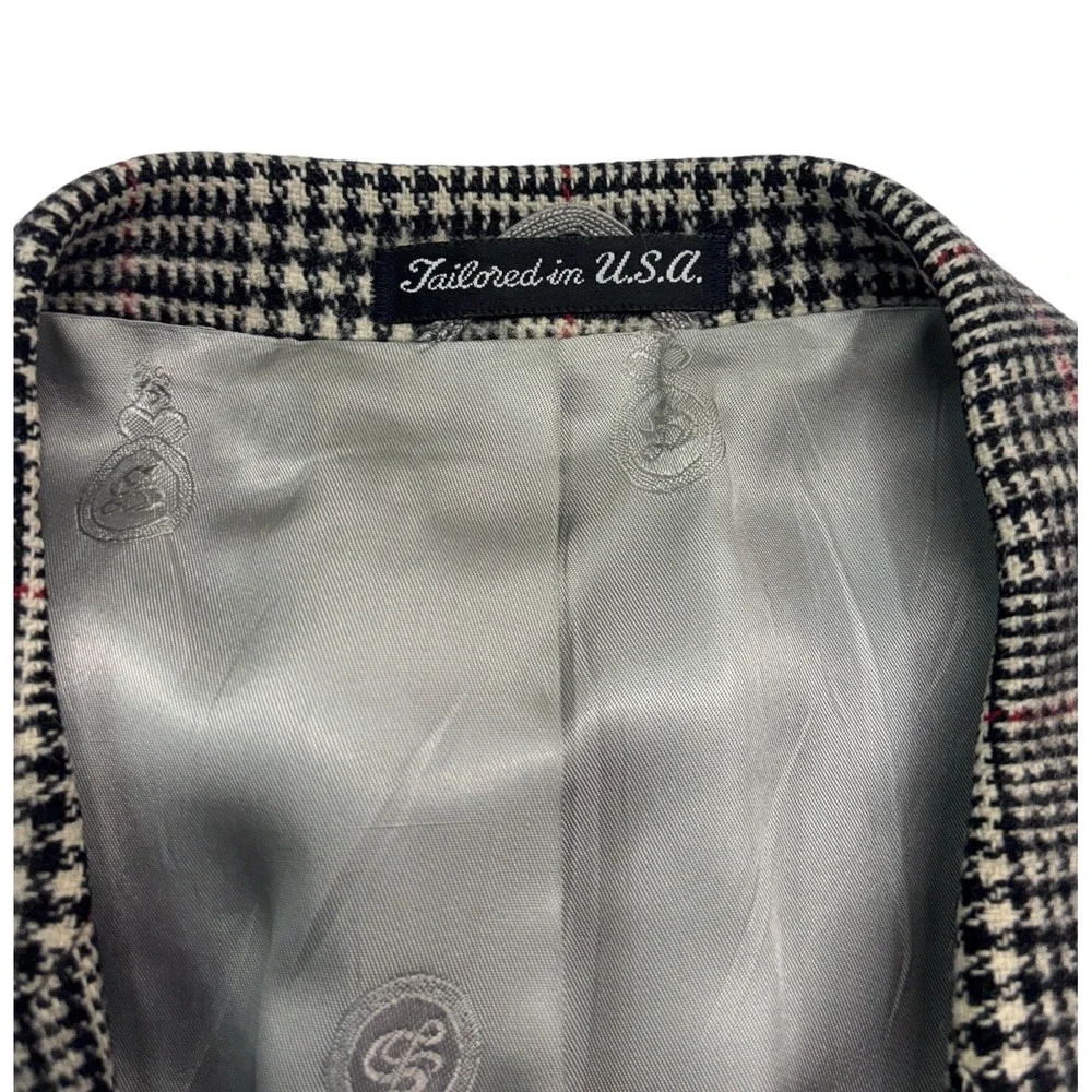 vtg Stafford 42R‎ Black White Red Glen Plaid Tweed Blazer Jacket Sport Coat USA